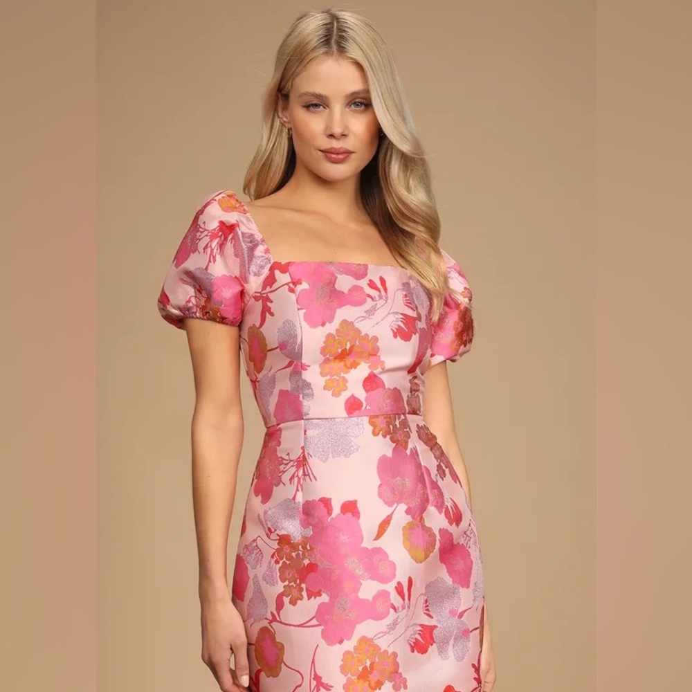 Lulus So Stunning Orange Multi Floral Jacquard Puff Sleeve Mini Dress